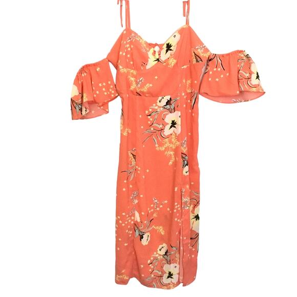 Urban Outfitters UO Boardwalk Floral Off The Shoulder Midi Dress in Coral Size L - Picture 4 of 10